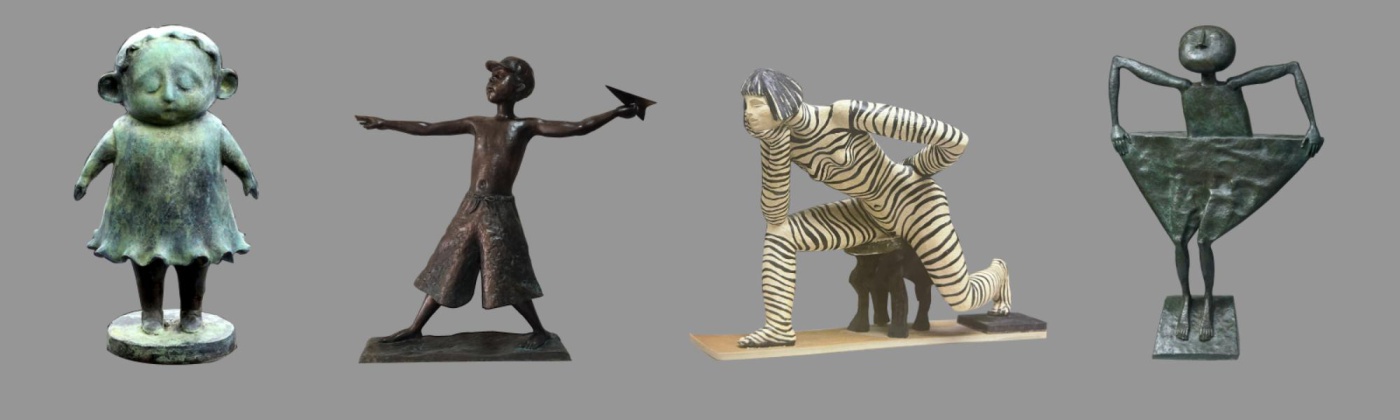 Слева направо: О. Муравина. Девочка. 2021; Г. Красношлыков. В полет. 2022; В. Колесников. Женщина-зебра. 2002; М. Дронов. Потому что лето. 2025